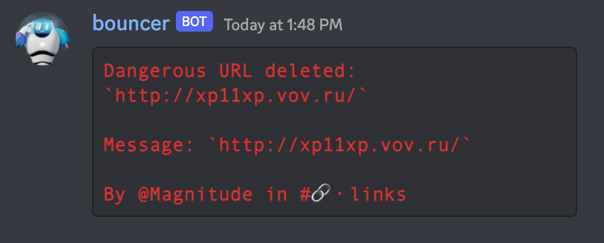 Bouncer log message after deleting a malicious link